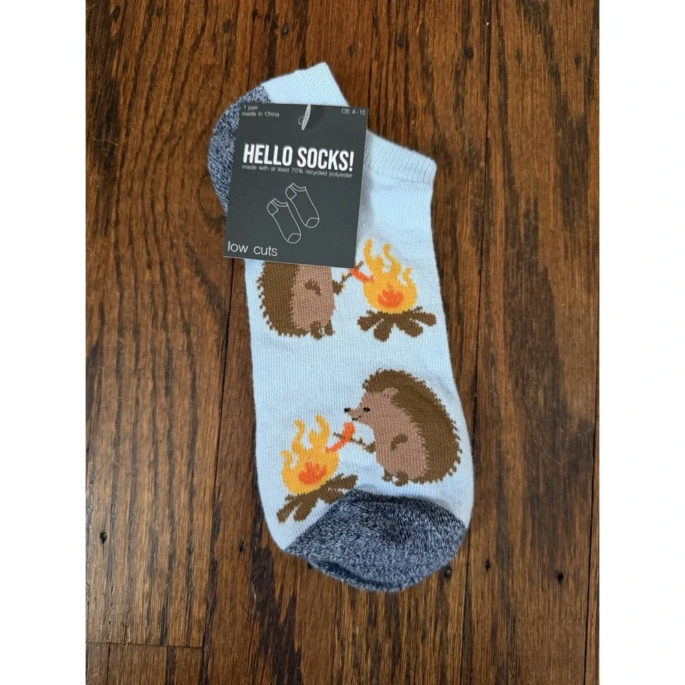 Women's Hello Socks! Light Blue Camping Hedgehogs Low Cut Socks Size 4-10 NWT